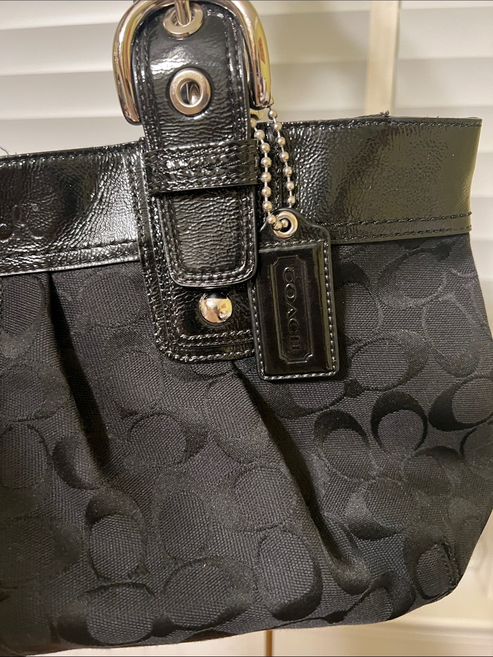 Coach Black Signature Jacquard Tote with Patent Trim and Tag